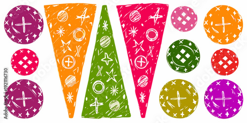 Colorful hand drawn cones and circles decorated with whimsical star patterns