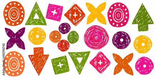 Colorful hand drawn shapes and patterns arranged in a playful composition