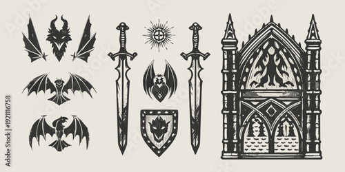 Medieval heraldry and fantasy elements dragons swords and gothic architecture