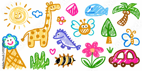 A colorful child s drawing featuring animals plants and a bright sun