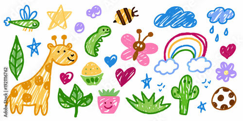 Child s colorful crayon drawing featuring animals plants and whimsical shapes