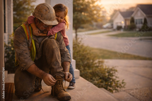 Loving daughter hugs her hard-working father in construction gear tying his boots before work.