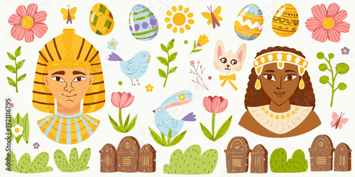 A colorful assortment of easter eggs flowers and diverse portraits