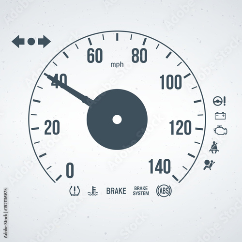 A close-up view of a car's speedometer and dashboard warning lights with icons