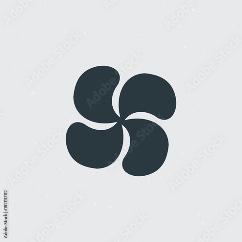 A minimalist logo design with a dark blue flower shape or fan