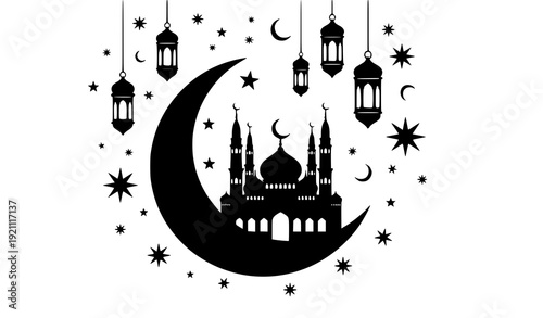 Cartoon Vector of Ramadan Kareem Mosque Silhouette Inside Crescent Moon with Stars and Lanterns