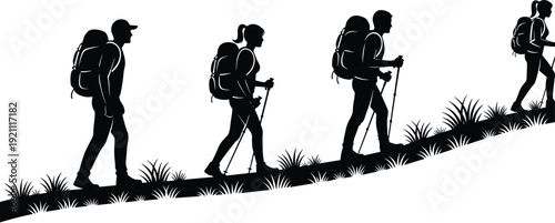 Hikers silhouette on mountain trail, trekking backpackers walking uphill, outdoor adventure hiking group, nature exploration vector illustration