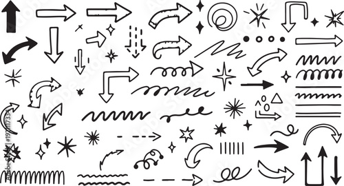 Hand-Drawn Arrows and Symbols in Black Ink on White Background with Various Shapes and Patterns for Graphic Design