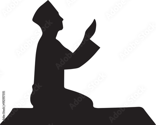 Black silhouette of person kneeling in robe and pointed hat with hands together symbolizing prayer devotion and spiritual worship
