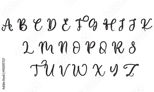 Hand Drawn Brush Alphabet Letters Set. Complete uppercase alphabet in bold hand drawn brush style, black ink lettering isolated on white background for typography and design projects.