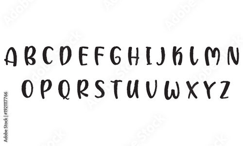 Hand Drawn Brush Alphabet Letters Set. Complete uppercase alphabet in bold hand drawn brush style, black ink lettering isolated on white background for typography and design projects.