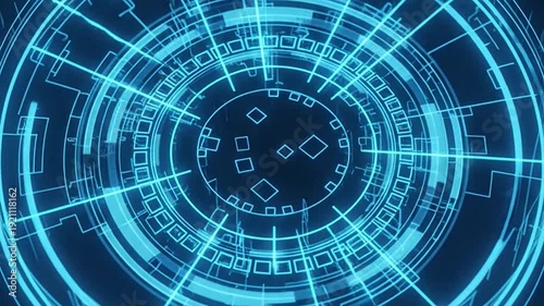 Abstract blue digital technology background with glowing circular lines
