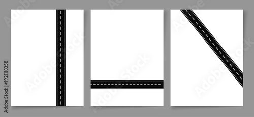 Minimalist vector graphic illustration set featuring various layouts of black asphalt road segments with white dashed lines on white backgrounds.