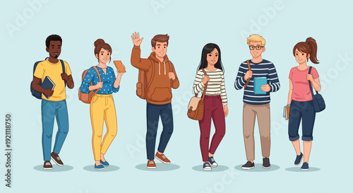 Diverse group of young adults standing together using mobile devices.