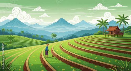 Serene landscape with terraced fields and distant mountains.