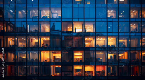 Modern office building illuminated at night with occupied workspaces