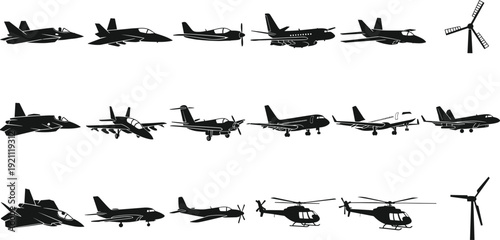 Aircraft silhouette collection set, military fighter jets airplanes helicopters and wind turbine black vector icons isolated