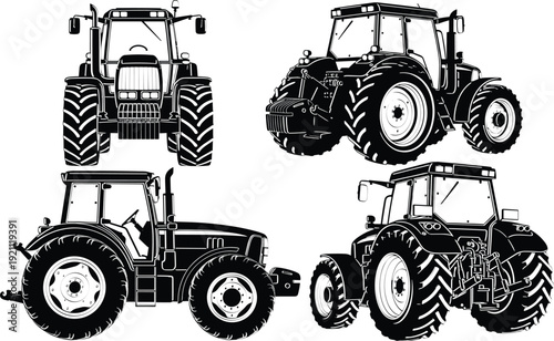 Agricultural tractor vector set, farm machinery front side rear perspective views, heavy duty farming equipment outline illustration