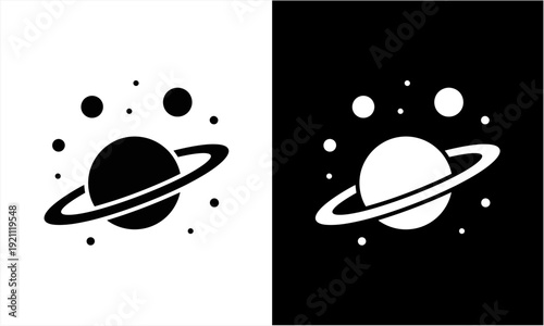 Minimalist Saturn planet icon with rings and stars in black and white.