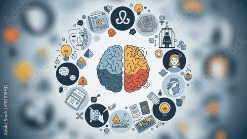 Mental health and behavioral concepts depicted around a brain illustration