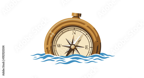 Antique Compass Floating on Wavy Blue Water, Nautical Navigation Tool