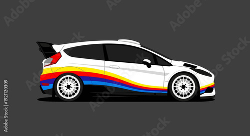 White car with colorful stripes on a gray background.