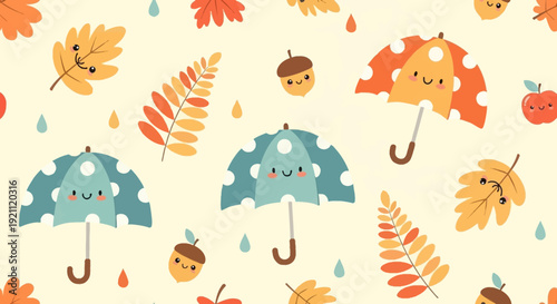 Colorful autumn leaves and umbrellas pattern on cream background.