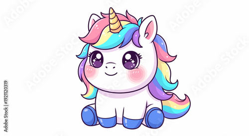 Adorable cartoon unicorn with rainbow mane and tail.