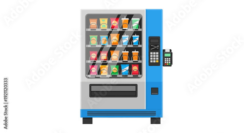 Blue Vending Machine with Various Snacks and Drinks.