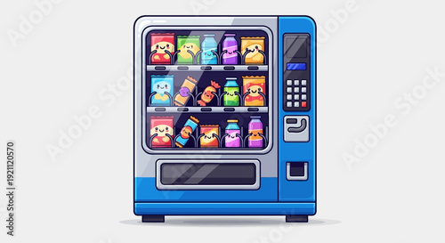 Blue Vending Machine with Various Snacks and Drinks.