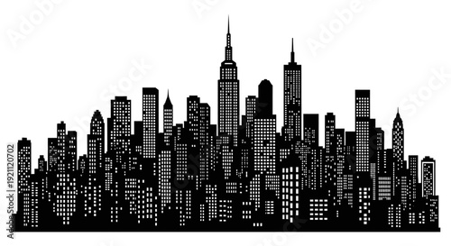 city skyline silhouette illustration featuring iconic skyscrapers and glowing windows at night symbolizing urban life business architecture and metropolitan growth.
