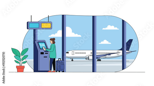 Traveler using automated self-service check-in kiosk at airport terminal with airplane visible through window on sunny day.