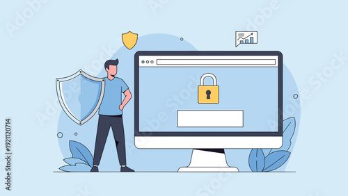 Man holding large shield for computer security protection against cyber attacks and internet data breaches on desktop screen.