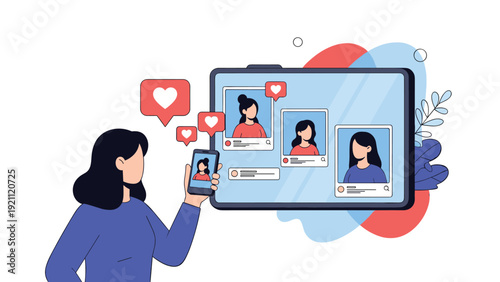 Woman using smartphone to view social media profiles and photos on a tablet screen with floating heart likes and notifications.