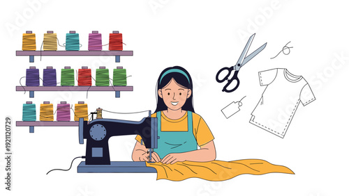 Happy young female tailor working at blue sewing machine making clothes in workshop with colorful thread spools on shelves.