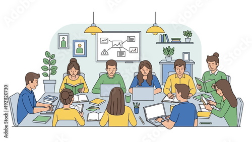 collaborative learning environment with diverse students studying and working on laptops and books in a modern setting showing teamwork.