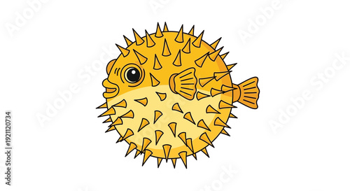 Cartoon Pufferfish with Spikes, Inflated, Cute Ocean Animal Illustration