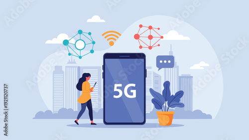 Woman walking through a smart city with high-speed 5G mobile network technology connectivity on giant smartphone screen.