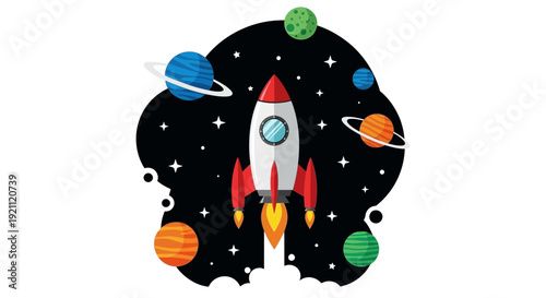 Cartoon Rocket Ship Launching into Space with Planets and Stars