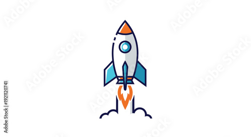 Cartoon Rocket Ship Launching into Space with Fiery Exhaust