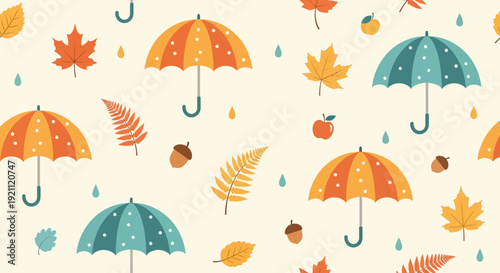 Colorful autumn leaves and umbrellas seamless pattern on beige background.
