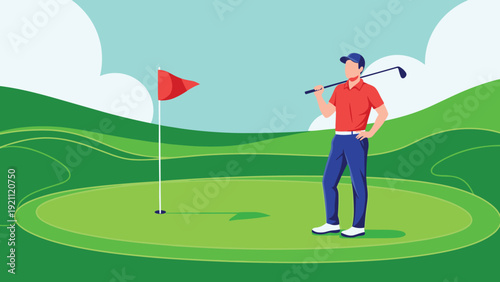 Professional golfer standing on green grass field holding a golf club next to the flag hole on a sunny day with hills.