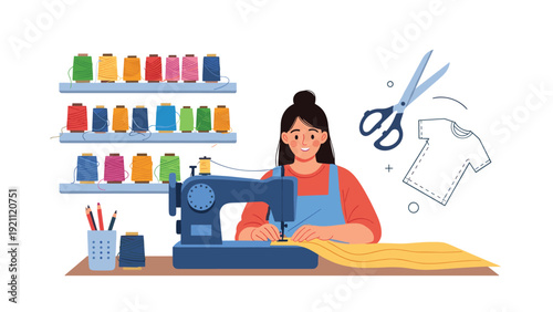 Creative female seamstress working at blue sewing machine in bright studio with colorful thread spools on shelves and pencil pot.