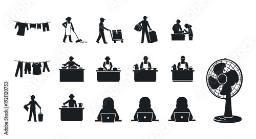 collection of black silhouette icons illustrating daily household chores cooking working on laptops and various lifestyle activities.