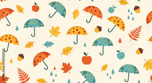 Colorful autumn leaves and umbrellas pattern on a beige background.