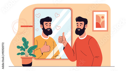 Confident man standing in front of mirror giving a thumbs up to his reflection with hearts representing high self-esteem and love.
