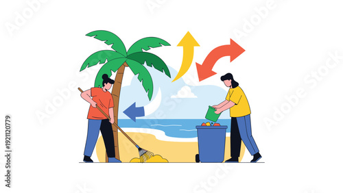 Two volunteers cleaning up trash and raking sand on a tropical beach with palm tree to protect ocean and environment.