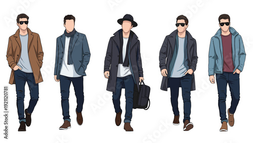 Set of five men in different stylish winter outfits including coats scarves and sunglasses representing modern male fashion trends.