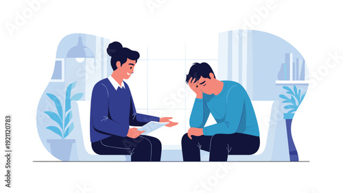Professional female psychologist talking to a depressed man sitting on a sofa during a mental health therapy session in office.