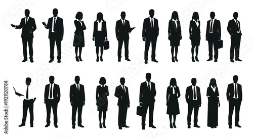 business people silhouettes standing in diverse professional poses ideal for illustrating concepts of teamwork leadership and employment.